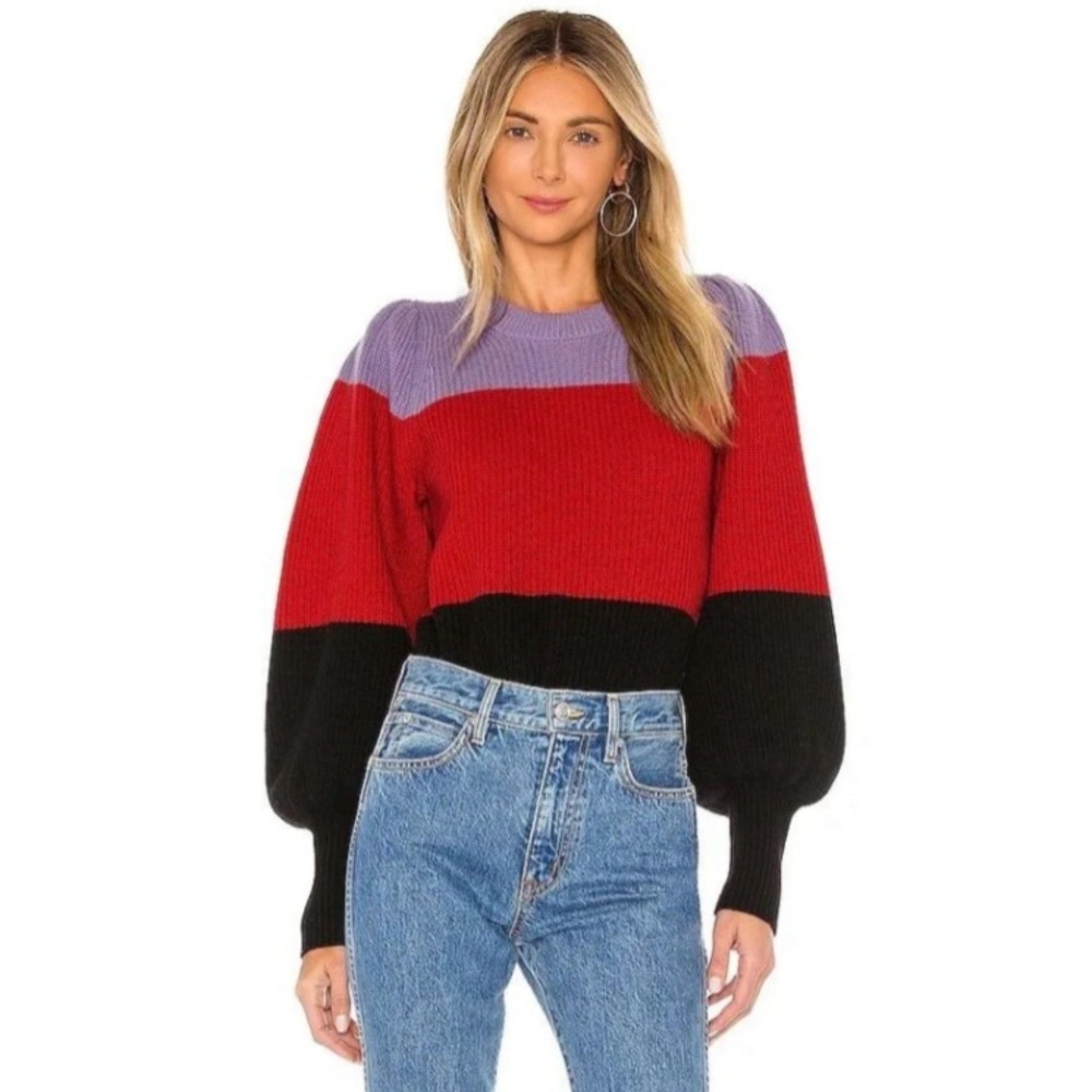 A.L.C. Colorblock Puff Sleeve Ribbed Knit Sweater Purple Red Black Size S_245